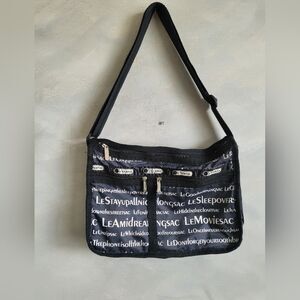 LeSportsac Signature Print Black White Nylon Crossbody Sleepover Satchel Print